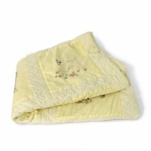 Vintage Quilted Embroidered Baby Blanket Yellow animals nursery